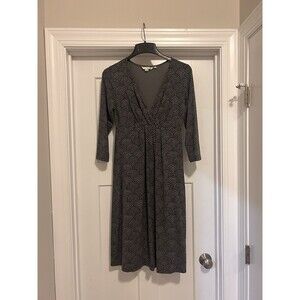 BODEN Floaty Jersey Knit Dress Gray Black Fan Print V-Neck WH277 Sz 8R US 12R UK